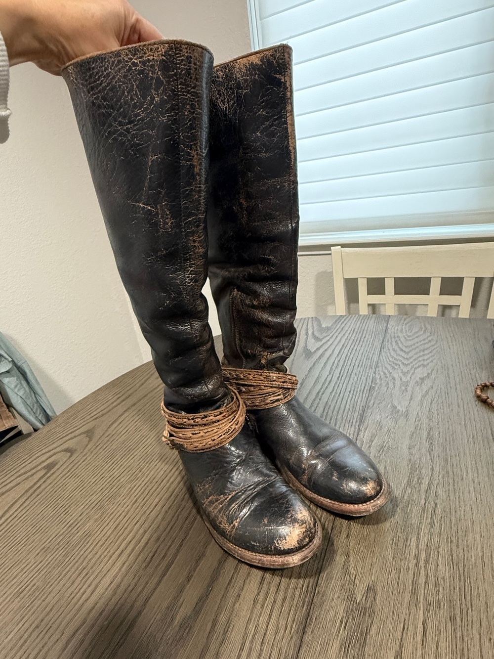 Women’s Tall Genuine Leather Riding Boots in Distressed Black with Brown Accent